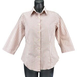 KENZO 100% Cotton Windowpane Check Button-Up Red Off White Shirt 3/4 Sleeve 16